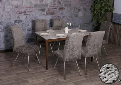 Produktbild von 6er-Set Esszimmerstuhl HWC-G55, Küchenstuhl Lehnstuhl, Edelstahl gebürstet Stoff/Textil Chenille   dunkelgrau