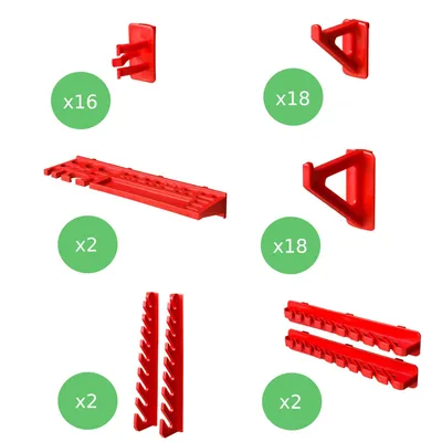 A collection of red plastic tool holders and organizers arranged on a white background.