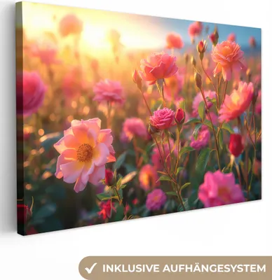 Produktbild von MuchoWow® - Leinwandbilder - Blumen - Rosen - Natur - Rosa - Blume, Wandbild, Wanddeko Bilder Wohnzimmer, 90x60 cm