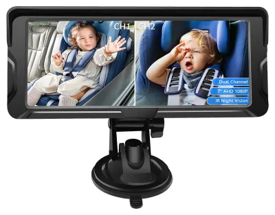 Obrázek produktu pro Dvoukanálová kamera do auta pro sledování dětí – 7palcový displej s rozlišením 1080p, 2 infračervené kamery pro noční vidění a široký úhel záběru 150° pro autosedačku směřující proti směru jízdy