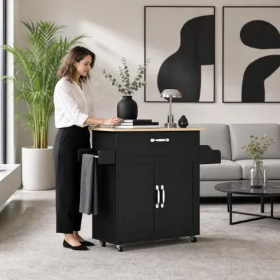 Image de CHARIOT DE CUISINE ROSEJANE avec plan de travail en bois, chariot de service sur roulettes avec tiroir, armoire et étagère à épices, chariot de cuisine mobile, noir, 115 x 36 x 90 cm