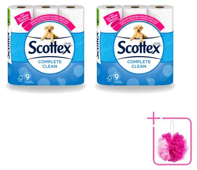Imagen del producto de 2 rollos de papel higiénico Scottex Complete Clean, de doble capa, pack económico