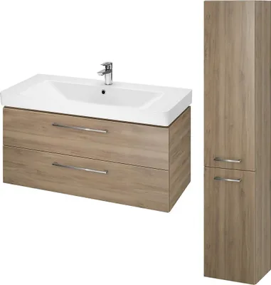 Productafbeelding van BADLAND Badkameraccessoires Set LARA MILLE: 100 cm breed wastafelonderkast met hoge kast (150x30x25 cm), 2 deuren, notenhout