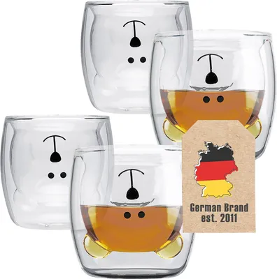 Obrázek produktu pro Intirilife 4x sada dvoustěnných termo sklenic 230 ml v medvědím designu - termo sklenice foukané do úst Sklenice na čaj Latte Macchiato Sklenice na espresso Sklenice na kávu bez ucha