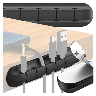 Zdjęcie produktu dla Uchwyt do kabli – organizer do kabli – klips do kabli, czarny – 11,5 x 2 x 1,5 cm – 5 uchwytów – organizacja kabli