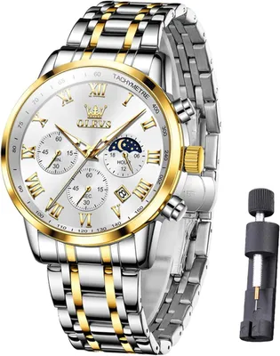 Produktbild von Herren Armbanduhr Edelstahl Chronograph mit Mondphase,Quarz Analog, Wasserdicht 30 m, Klassisch & Stilvoll, Verstellbares Armband, Geschenk für Männer