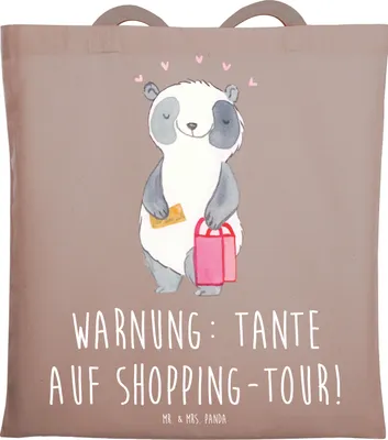 Produktbild von Mr. & Mrs. Panda Tote Bag Tante Shopping - Braun Pastell - Geschenk, Schultasche, Einkaufen, Tasche, Familie, Nichte, einzigartige Designs, Spruch für, Uni, handgemacht