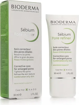 A product box and tube of Bioderma Sebium Pore Refiner.