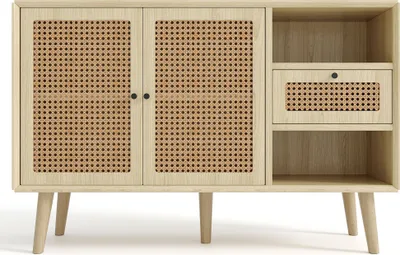 Produktbild von Merax Kommode Rattangeflecht Sideboard mit Schublade und 6 Fächer, Rattan Wohnzimmerschränke Anrichte Landhausstil TV-Board Massivholz 120*40*80cm