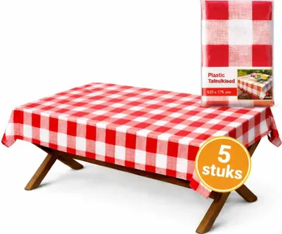 Immagine prodotto di Chef Aid Tovaglia di plastica rossa/bianca – 5 pezzi – 130 x 175 cm – Tovaglia monouso – Festa e picnic
