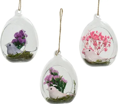 Produktbild von Glaskugel zum Aufhängen mit Trockenblumen und Vogel 10,5cm 1 Stück