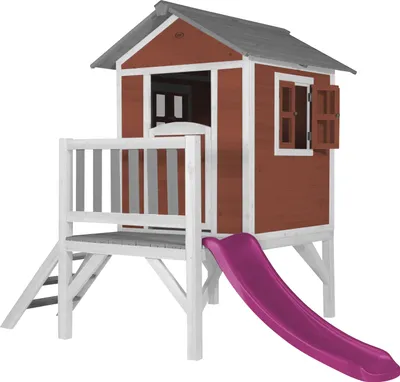 Produktbild von AXI Spielhaus Beach Lodge XL in Rot mit Rutsche in Lila | Stelzenhaus aus Holz für Kinder | Kleiner Spielturm für den Garten