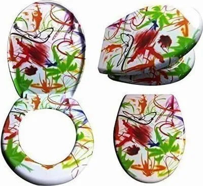 A collage of a toilet seat and lid with a colorful abstract paint splatter design.