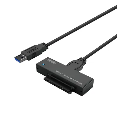 A black USB 3.0 to SATA adapter cable is shown against a white background.