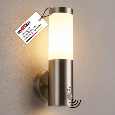 Produktbild von Grafner Wandlampe mit Bewegungsmelder E27 Fassung, Edelstahl, IP44 Außenleuchte, 360° Lichtschein, Wandleuchte Lampen Außen Hoflampe