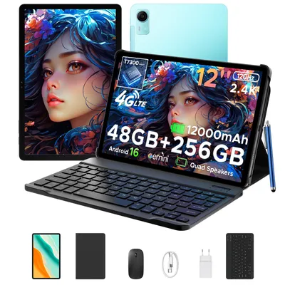 Produktbild von P12 Pro Tablet Android 16, 12" 2.4K 120Hz 4G LTE, 48GB(12+36) RAM + 256GB ROM (2TB TF), 12000mAh, T7300 Widevine L1 BT5.4–mit Tastatur, Maus, Stift