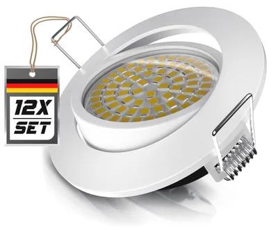 Immagine prodotto di Set di 12 faretti LED da incasso, rotondi, con potenza di 5W e 320 lumen, luce calda (3000K), dimmerabili, orientabili, in alluminio pressofuso, 230V, confezione da 12 pezzi, colore bianco
