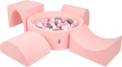 Produktbild von KiddyMoon spielplatz aus schaumstoff mit rund bällebad (300 bälle) ballgruben für babys spielbad hindernisläufen, hergestellt in der eu, pink:weiß/grau/puderrosa
