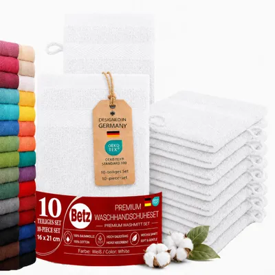 Produktbild von Betz 10 Stück Waschhandschuhe 16x21 cm PREMIUM 100% Baumwolle Farbe: weiß, KI-generiertes Bild