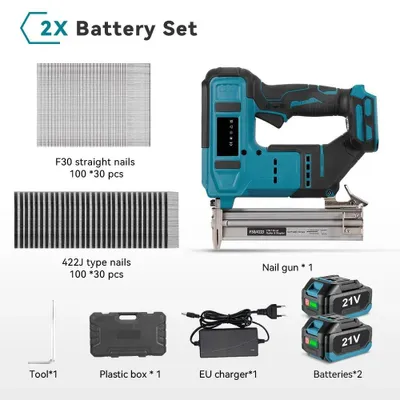 Immagine prodotto di Pistola elettrica per chiodi e graffette - 2 in 1 - Motore brushless da 30 mm - Senza fili, 18V - Con 2 batterie