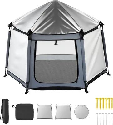 Obrázek produktu pro SucceBuy dětská ohrádka 150x150x106 cm, ohrádka pro batolata se stříškou, přenosné dětské hřiště s ochranou proti slunci SPF 50+ a cestovní taškou, skládací a lehká na doma, do parku nebo na pláž