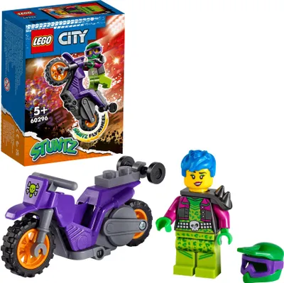 Produktbild von LEGO 60296 City Stuntz Wheelie-Stuntbike Set mit Schwungradantrieb, Motorrad und Stuntwoman-Minifigur, Spielzeug für Kinder ab 5 Jahren