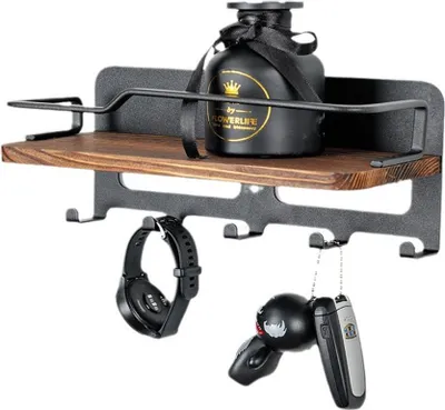 Produktbild von INF Wandmontierter Schlüsselhalter aus Kiefernholz mit 5 Haken und Ablage Schwarz