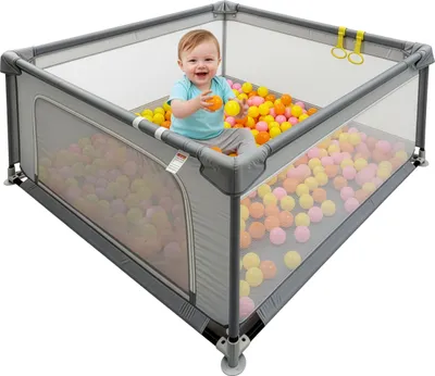 Obrázok produktu pre Relaxdays detský ohrádka, 120 x 120 cm, ohrádka, 50 loptičiek, 2 krúžky na ohrádku, bezpečný kútik na hranie, oxfordská tkanina, sivá