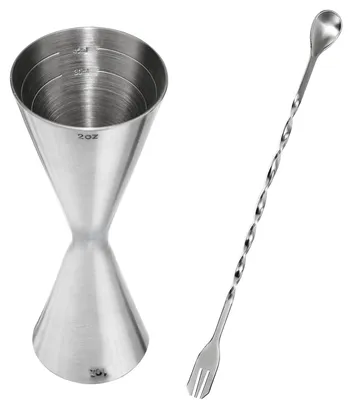 Produktbild von Barmaß-Messbecher für Cocktails, aus Edelstahl (304), mit 30 ml/60 ml Markierungen und einem Rührlöffel