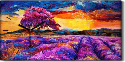 Produktbild von Leinwand Wanduhr Wandkunst Uhr 60x30 Gemälde Wiese Baum Himmel Sonnenuntergang - schwarze Hände