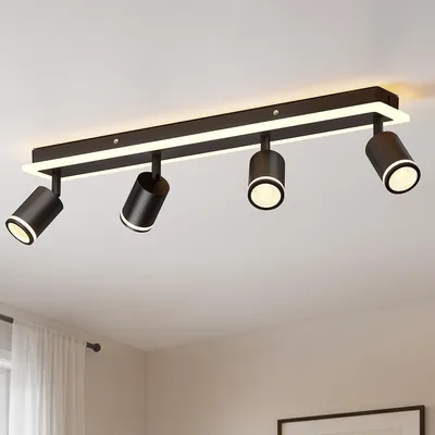 Zdjęcie produktu dla LVWIT, reflektor sufitowy LED, lampa sufitowa, czarna, 4-punktowa, oprawa sufitowa GU10, regulowana pod kątem 350°, reflektor, punktowe oświetlenie wewnętrzne, lampa sufitowa do przedpokoju, długa, do salonu, kuchni, sypialni. Bez żarówek