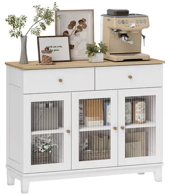 Immagine prodotto di HOMCOM Credenza Cucina con 2 Cassetti e 2 Armadietti con Ante in Vetro, in Legno, 100x35x80.3 cm, Bianco e Rovere