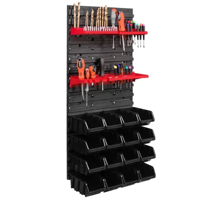 Produktbild von 16 Stapelboxen Werkzeughalter Wandregal Werkstattregal Werkzeugwand 39x78cm Werkzeughalter Lagersystem Schüttenregal Sichtlagerkästen Extra Starke Wandplatten Regal Erweiterbar Werkstattregal Lagerre
