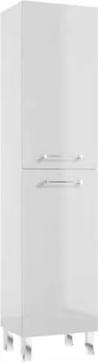 A tall, narrow white cabinet with two doors and two handles, standing on four small legs.