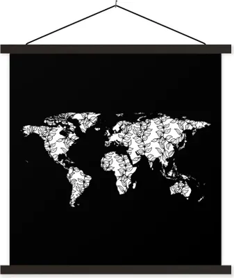 Produktbild von MuchoWow® Textilposter Weltkarte - Schwarz und weiß - Pflanzen 90x90 cm mit schwarzem Rahmen - Magnetisches