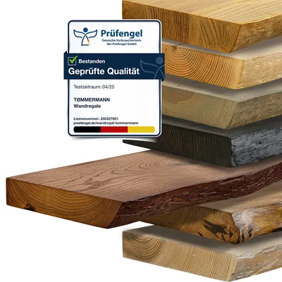 A stack of wooden shelves with different wood grains and finishes, with a certification badge in the foreground.