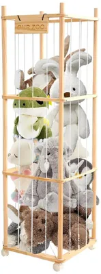 Image de Meuble de rangement en bois Azomor pour doudous, avec un design à trois niveaux et des roulettes