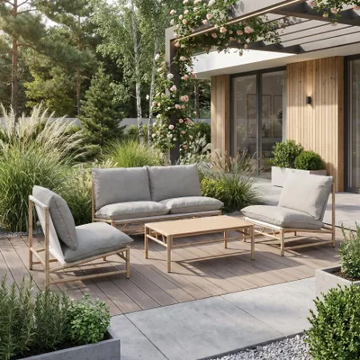 Produktbild von BEAUTYSOFA | KAIRO Gartenmöbel Set Grau/Beige – Gartenlounge Set 2-Sitzer Sofa, 2 Sesseln und Couchtisch, Outdoor Möbel, Terrassenmöbel, 4 Sitzplätze