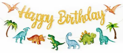 Productafbeelding van Happy Birthday slingers, 2 stuks, dinosaurusmotief, verjaardagsdecoratie, papier
