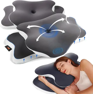 Produktbild von Set mit 2 orthopädischen Nackenstützkissen von Linomag®, Memory-Schaum, waschbarer Bezug, stützt Kopf, Nacken, Schultern und Arme, Weiß/Schwarz, 65 x 40 x 14 cm