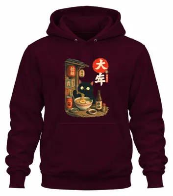 Productafbeelding van Japanse Zwarte Kat Ramen Japan Y2K Nippon Otaku Hoodie, bordeauxrood, maat S