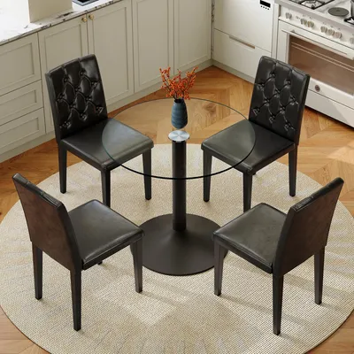 Produktbild von Tisch-Stuhl-Set, 85 cm runder Glastisch + 4 schwarze PolyurethanStühle, minimalistisch