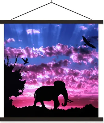 Produktbild von MuchoWow® Textilposter Elefant - Baum - Berg 120x120 cm mit schwarzem Rahmen - Aufhängungsset