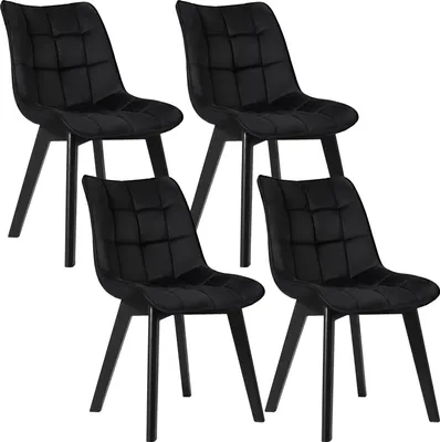 A set of four black dining chairs arranged in a grid on a white background.