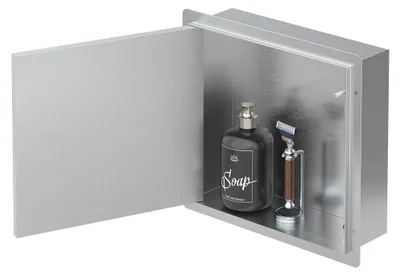 Obrázek produktu pro LuxeBath Nástěnná sprchová výklenková skříňka z nerezové oceli s obkladovými dvířky 25,5 x 25,5 x 10 cm, stříbrná, vodotěsná, bezrámová, s odkládací plochou