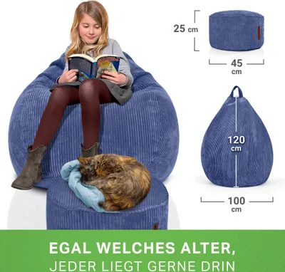 Produktbild von Green Bean® 2er Set Indoor XXL Sitzsack + Pouf mit EPS-Perlen Füllung - Fußhocker Fußkissen Hocker Bodenkissen Liegekissen Sitzkissen Lounge Chair - Dunkelblau