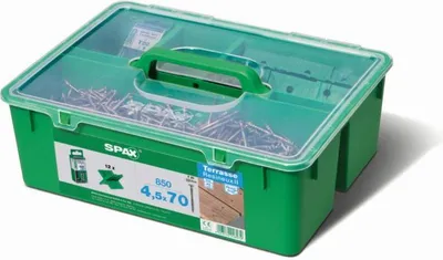 Produktbild von Bausatz Terrassenbefestigung Nadelholz SPAX - 4.5x70 Edelstahl A2 - 850 Schrauben +1 Bohrer +12 Abstandshalter +5 Bits - 5000009040009