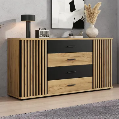 Produktbild von STILVORA Sideboard mit 4 Schubladen und 2 Türen, Kommode mit vertikaler Rillenoptik und verstellbaren Einlegeböden, Aufbewahrungsschrank aus MDF