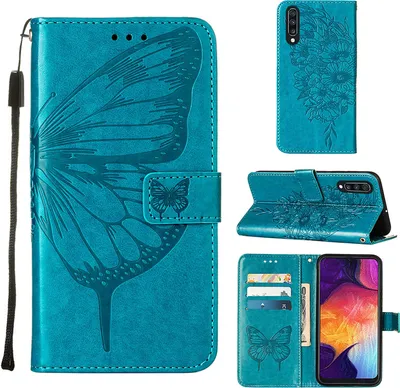 Produktbild von Galaxy A50 Hülle, Schmetterling Prägung Flip Leder Kartenfächer Schutzhülle Ledertasche mit Ständer für Samsung Galaxy A50 / A30S / A50S Blau
