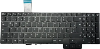 A black laptop keyboard with a ribbon cable attached, isolated on a white background.